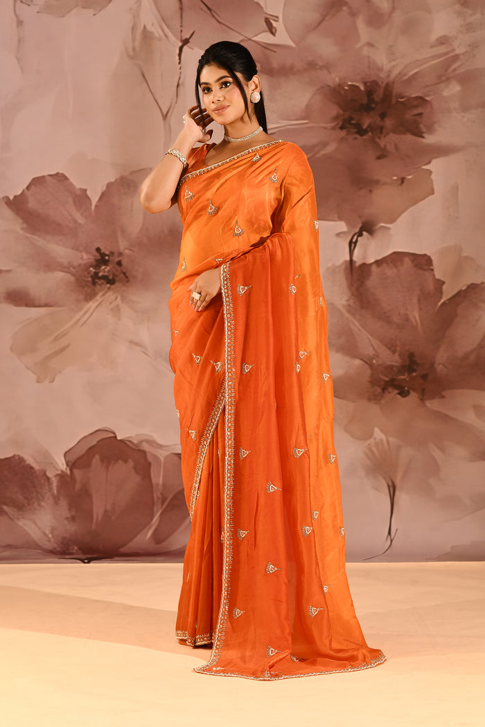 Rust Orange With Sequin Tassel Motif Border Satin Silk Saree