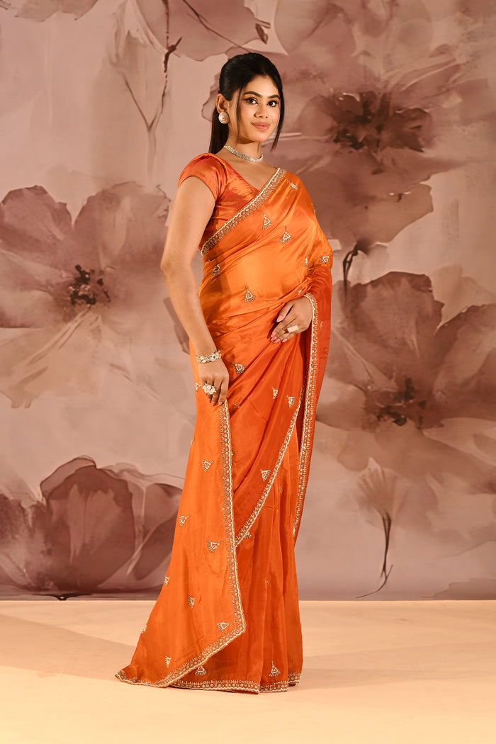 Rust Orange With Sequin Tassel Motif Border Satin Silk Saree