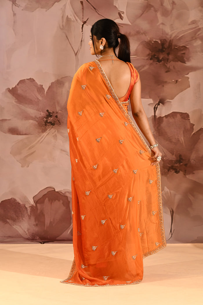Rust Orange With Sequin Tassel Motif Border Satin Silk Saree