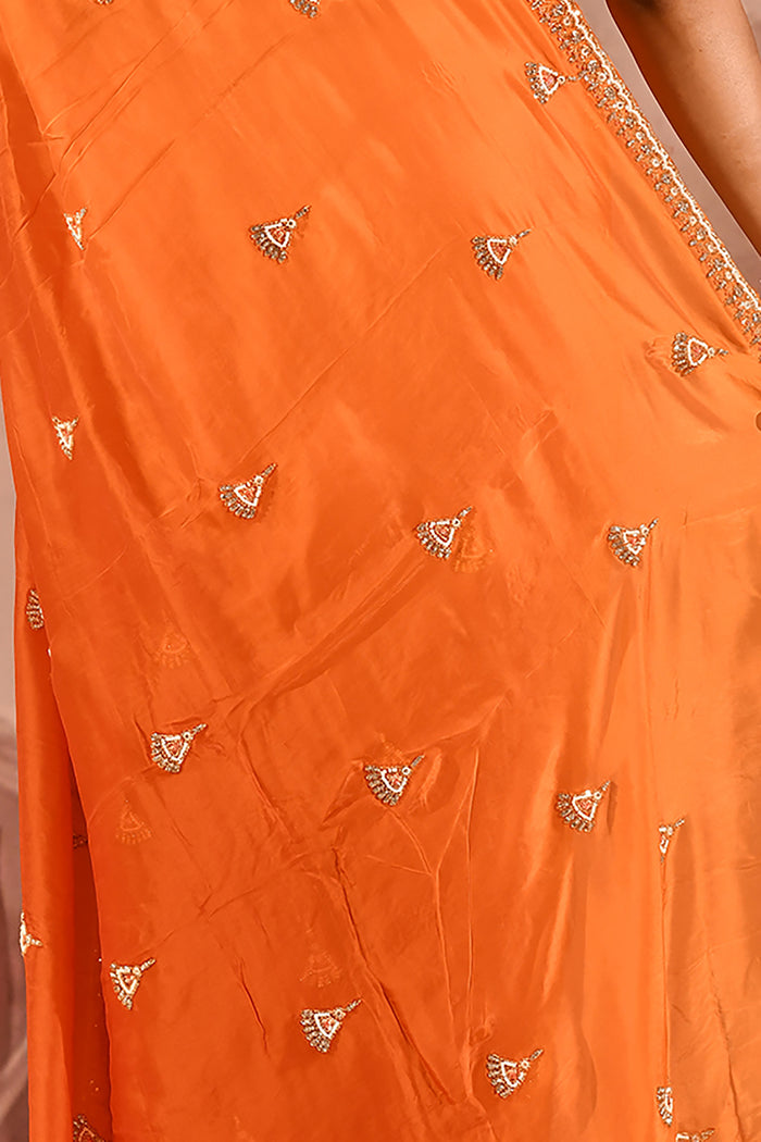 Rust Orange With Sequin Tassel Motif Border Satin Silk Saree