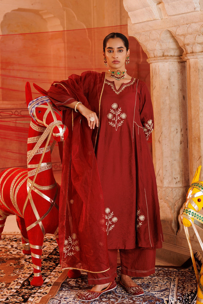 Rust Red Chanderi Anarkali With Star Embroidery