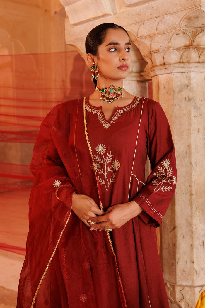 Rust Red Chanderi Anarkali With Star Embroidery
