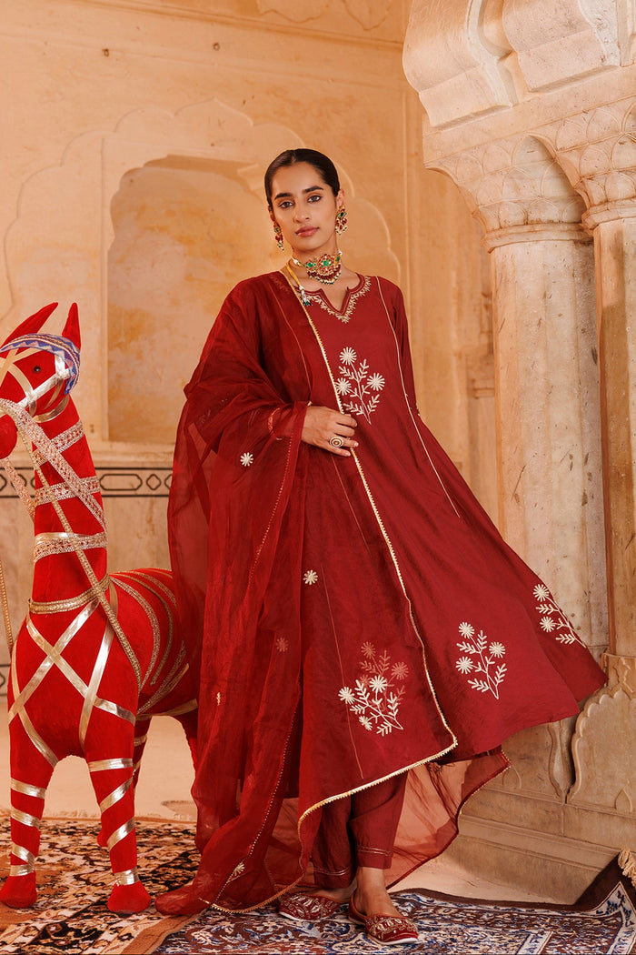 Rust Red Chanderi Anarkali With Star Embroidery