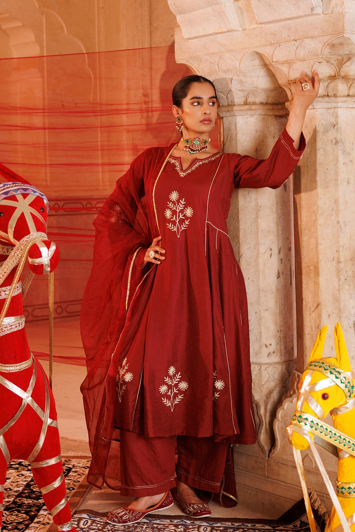 Rust Red Chanderi Anarkali With Star Embroidery