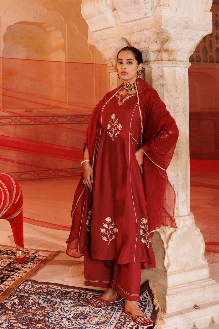 Rust Red Chanderi Anarkali With Star Embroidery