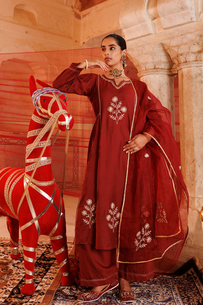 Rust Red Chanderi Anarkali With Star Embroidery