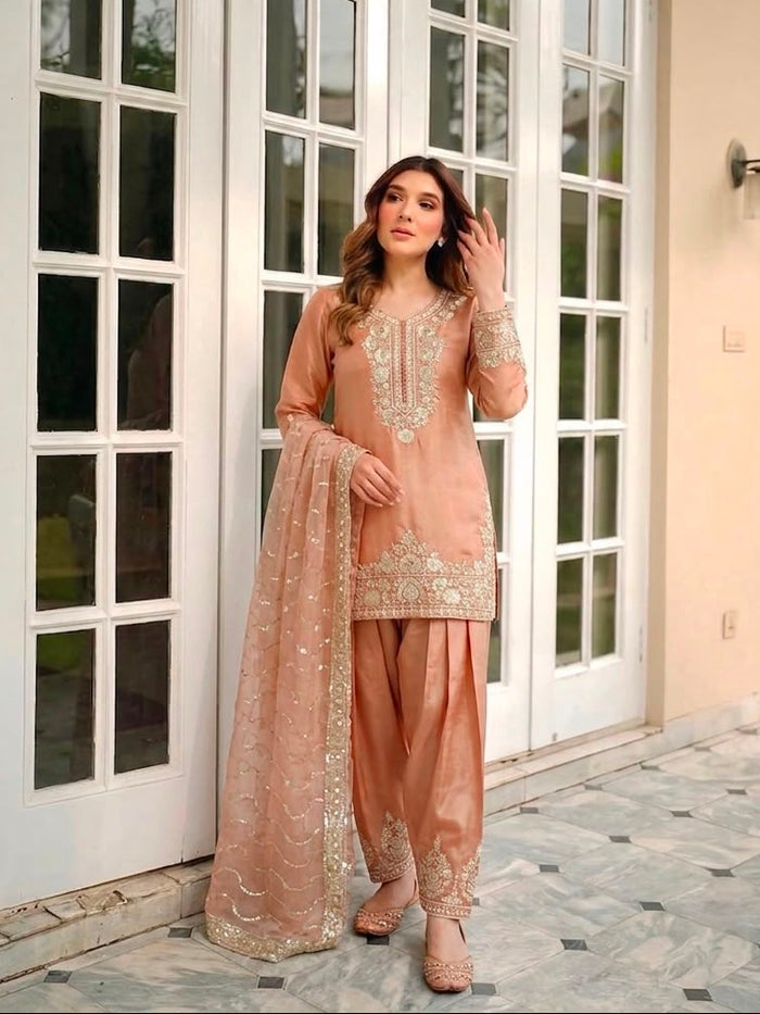 Rust Silk Kurti With Ornate Gold Embroidery