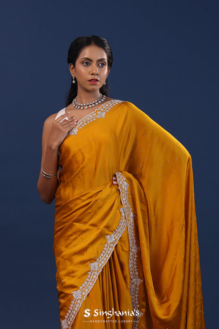 Rusty Orange Satin Saree With Stone Work