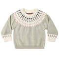 Children's sweater with patterned collar and cuffs on a white background