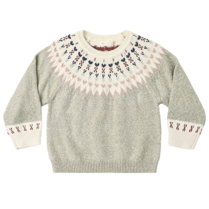 Children's sweater with patterned collar and cuffs on a white background