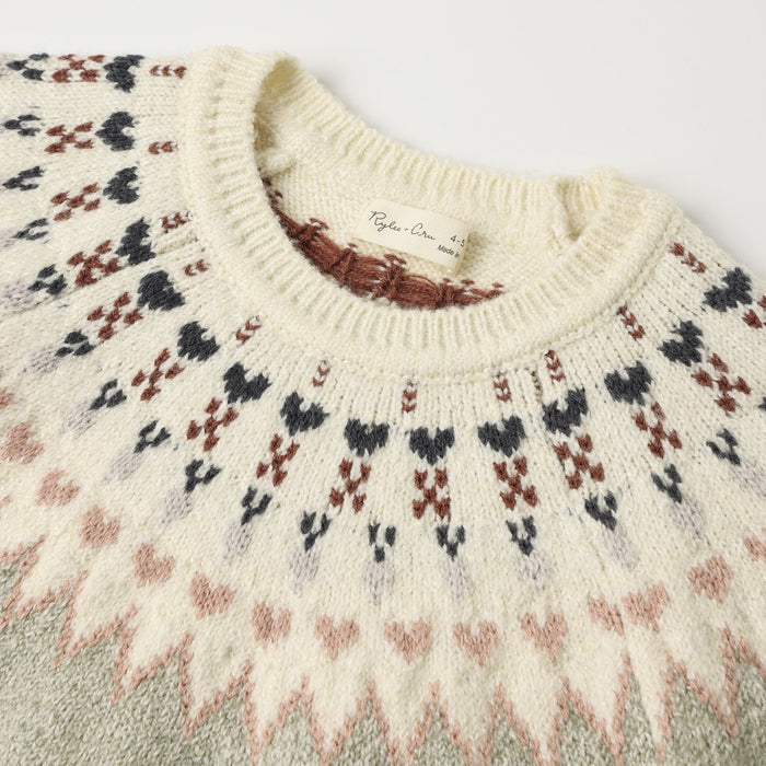 Close-up of a cream knit sweater with a Fair Isle pattern in black, brown, and dusty pink, featuring a ribbed crew neck.