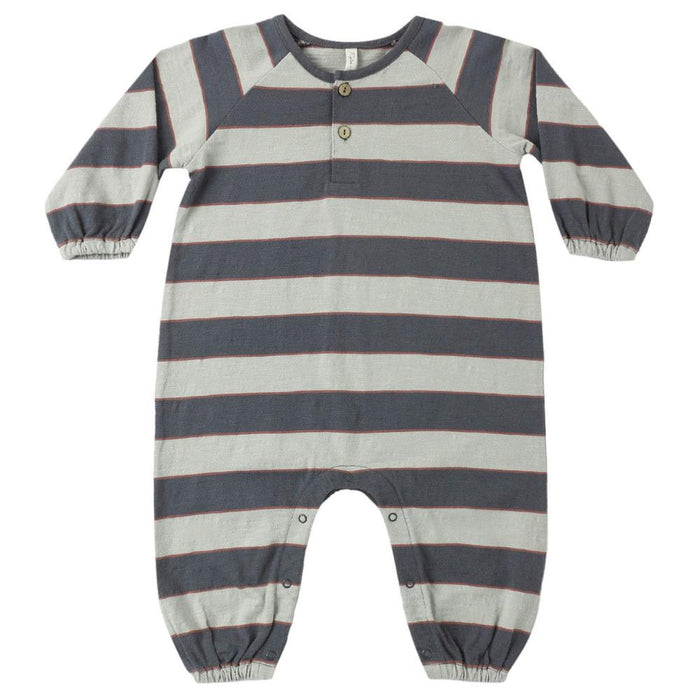 A baby long-sleeve footless one-piece romper with horizontal stripes in dark gray and light beige, featuring a buttoned henley neckline and elasticized cuffs and leg openings.