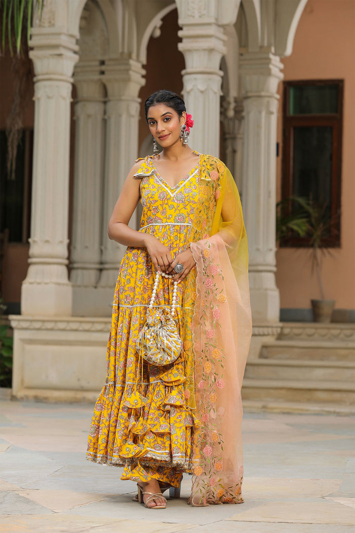 <img> Saffron Yellow Cotton Floral Printed Anarkali Set