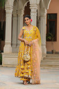 <img> Saffron Yellow Cotton Floral Printed Anarkali Set