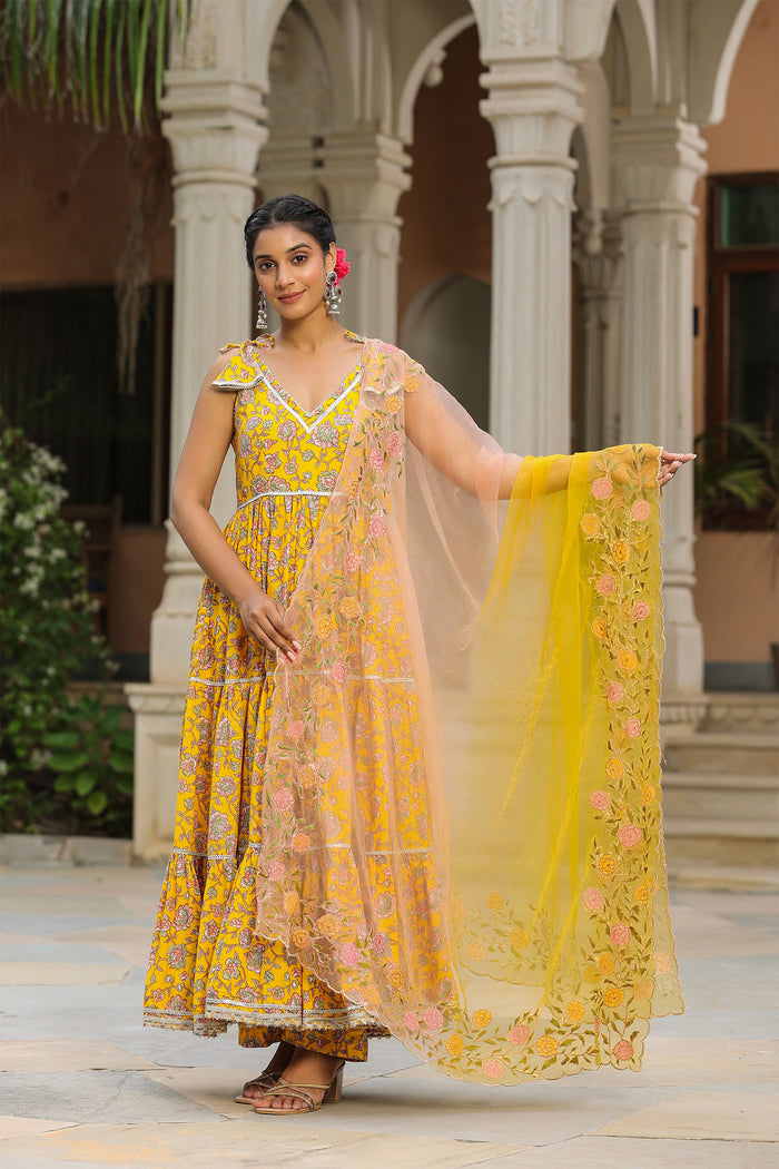 <img> Saffron Yellow Cotton Floral Printed Anarkali Set