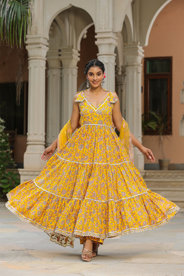 <img> Saffron Yellow Cotton Floral Printed Anarkali Set