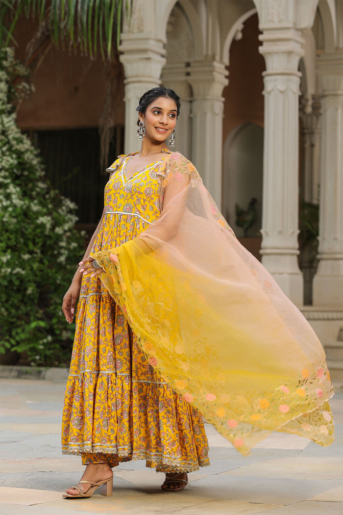 <img> Saffron Yellow Cotton Floral Printed Anarkali Set