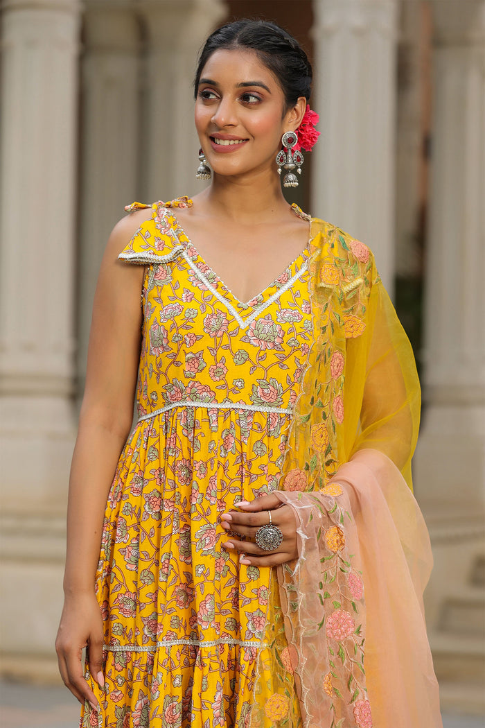 <img> Saffron Yellow Cotton Floral Printed Anarkali Set