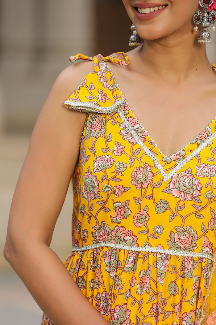 <img> Saffron Yellow Cotton Floral Printed Anarkali Set