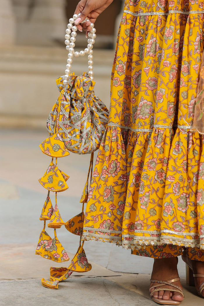 <img> Saffron Yellow Cotton Floral Printed Anarkali Set