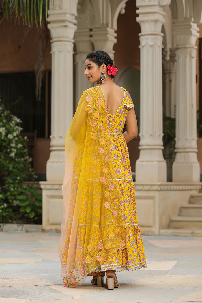 <img> Saffron Yellow Cotton Floral Printed Anarkali Set
