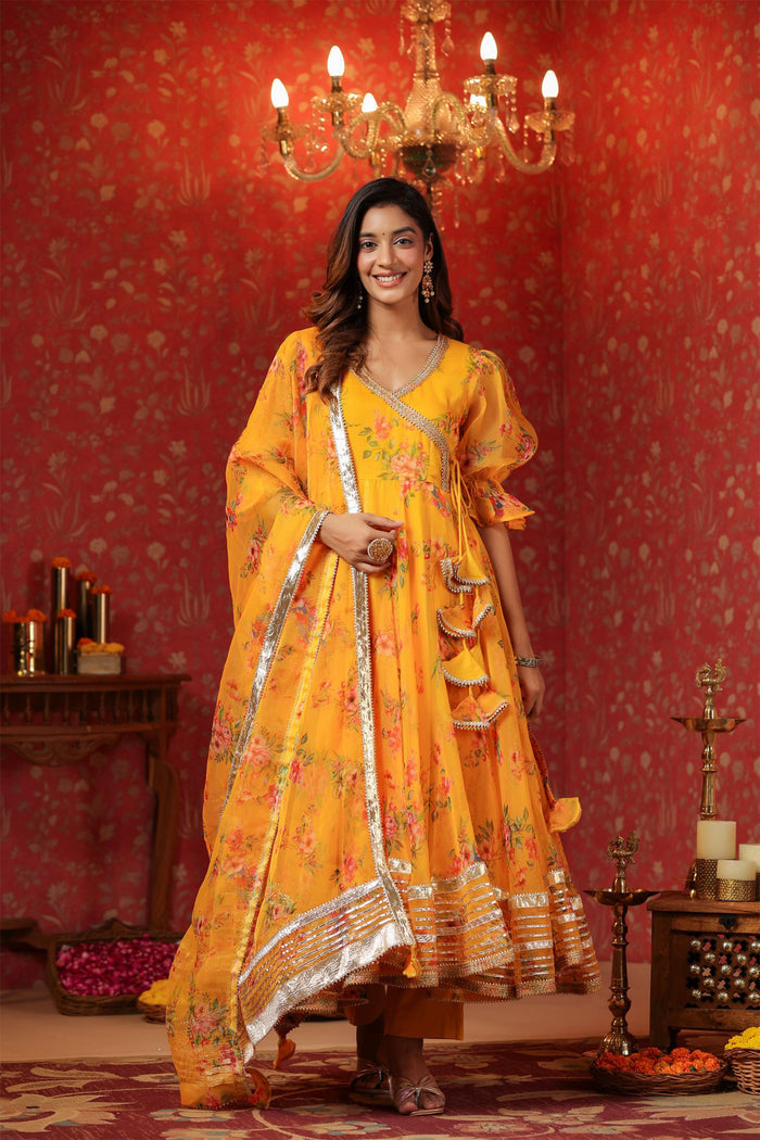 <img> Saffron Yellow Organza Floral Printed Anarkali Set