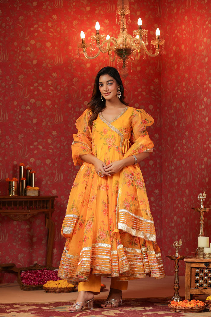 <img> Saffron Yellow Organza Floral Printed Anarkali Set