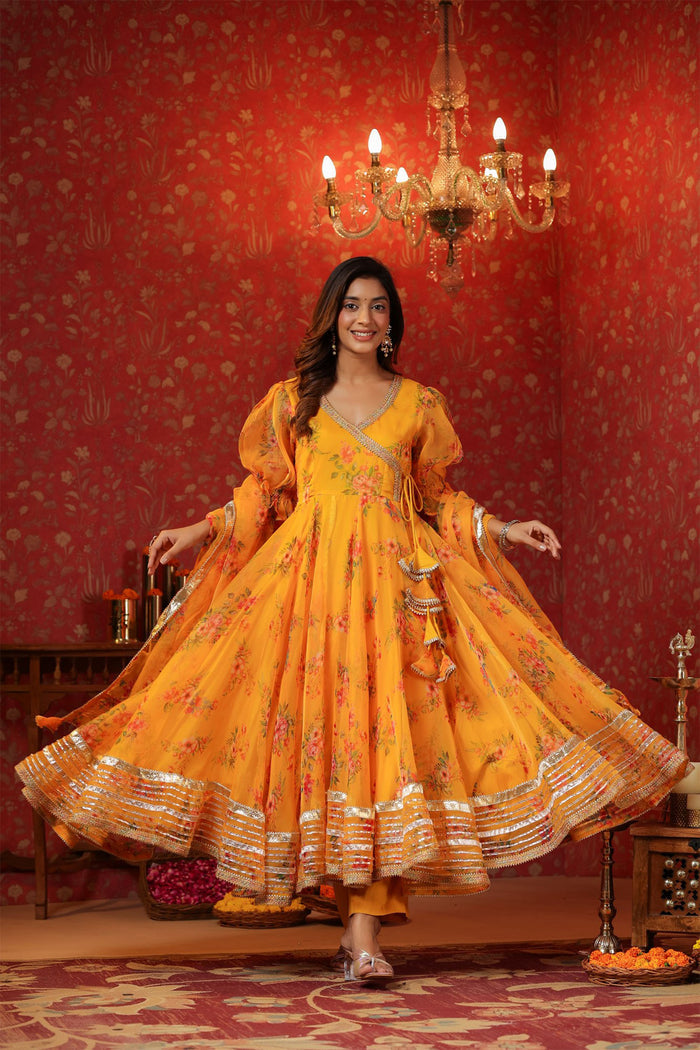 <img> Saffron Yellow Organza Floral Printed Anarkali Set