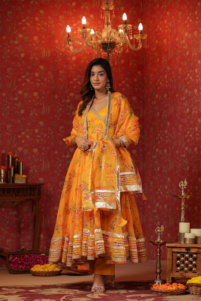 <img> Saffron Yellow Organza Floral Printed Anarkali Set