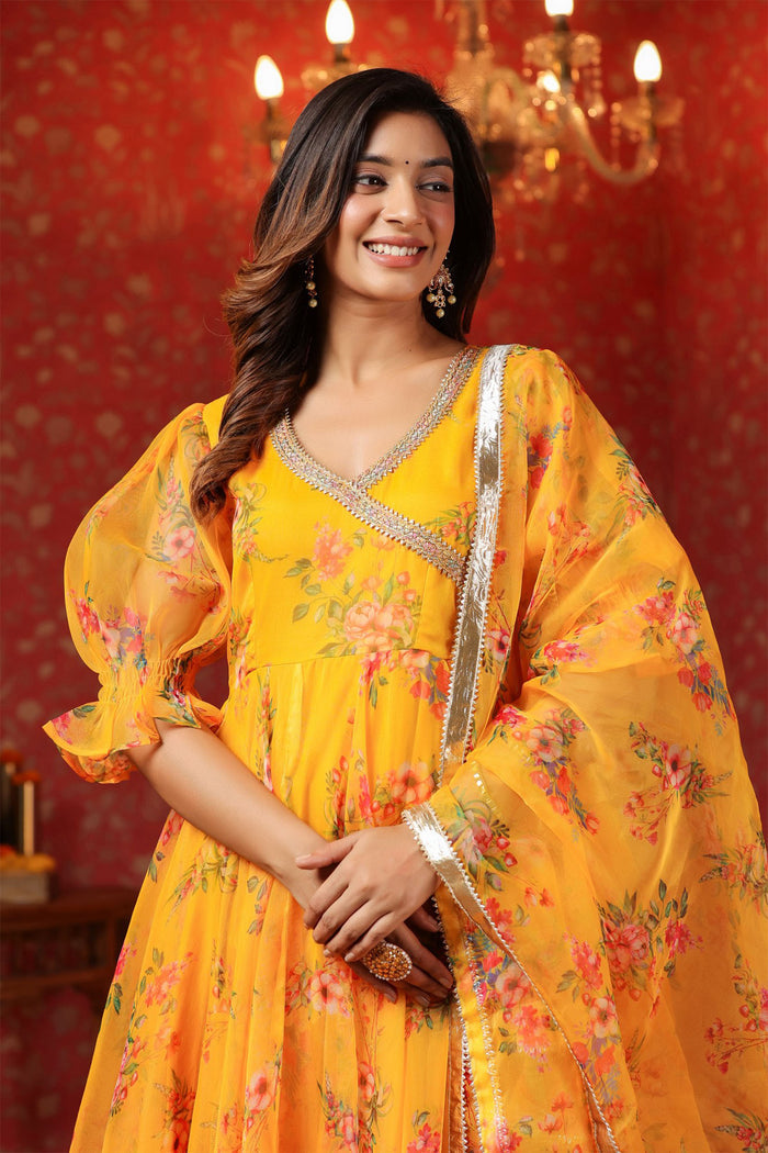 <img> Saffron Yellow Organza Floral Printed Anarkali Set