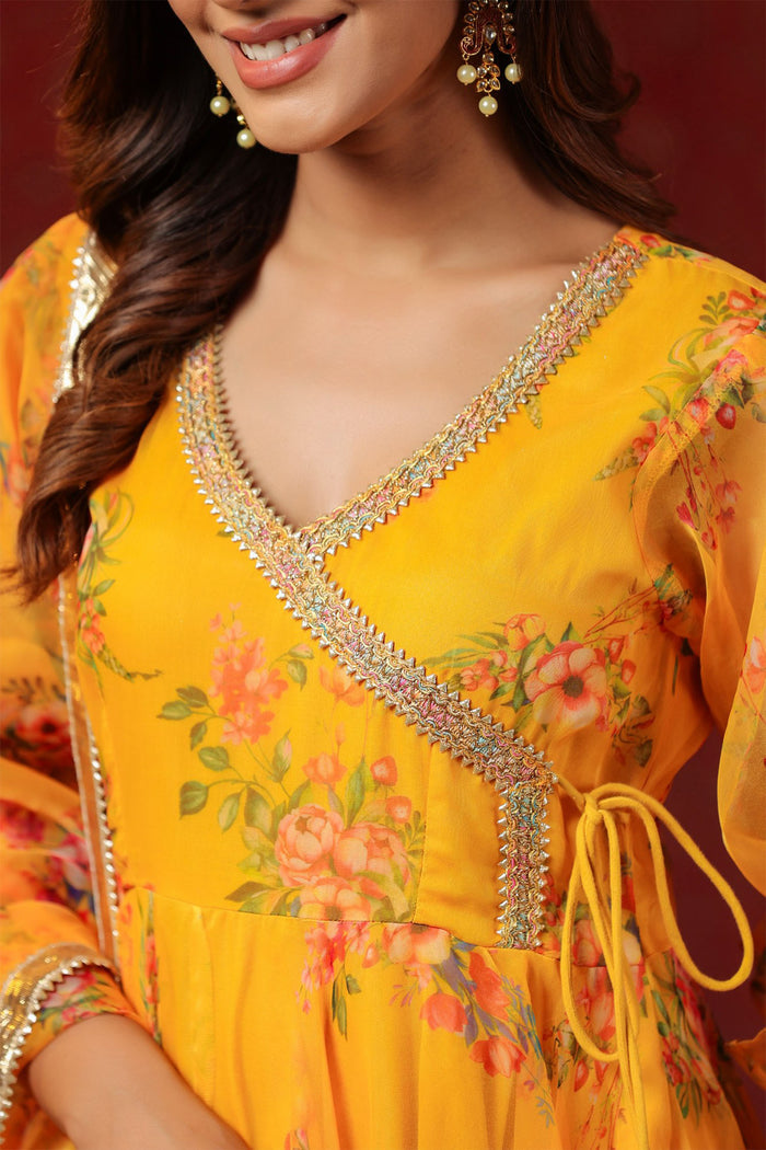 <img> Saffron Yellow Organza Floral Printed Anarkali Set