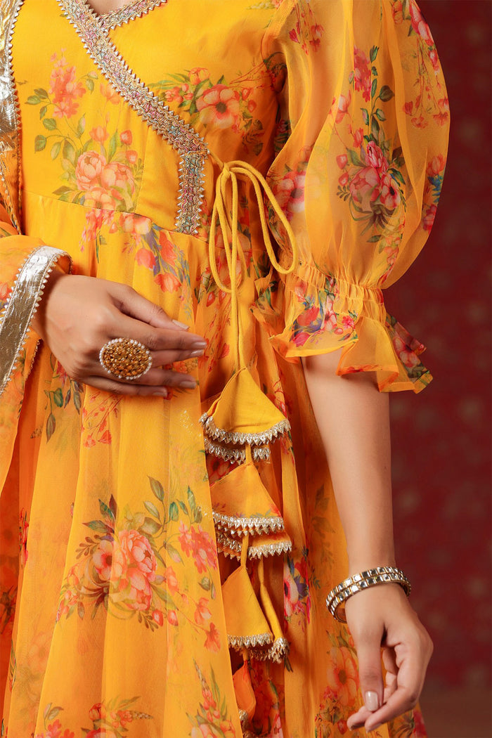 <img> Saffron Yellow Organza Floral Printed Anarkali Set