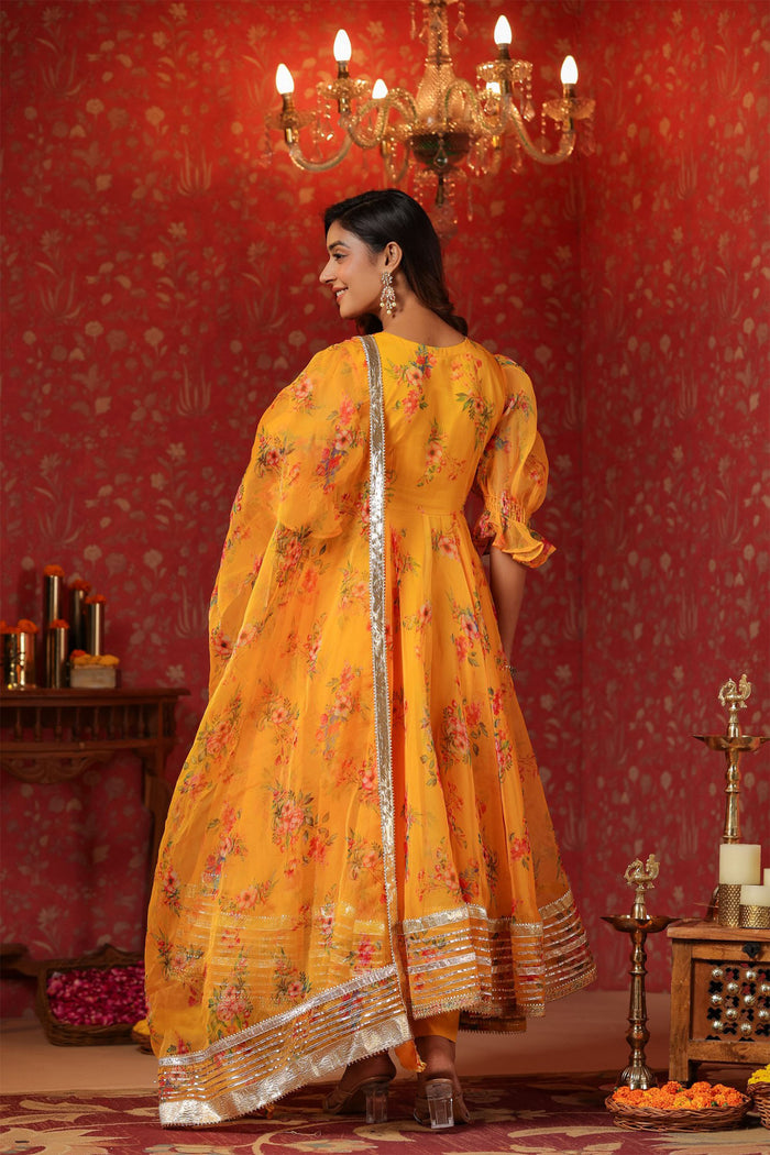 <img> Saffron Yellow Organza Floral Printed Anarkali Set
