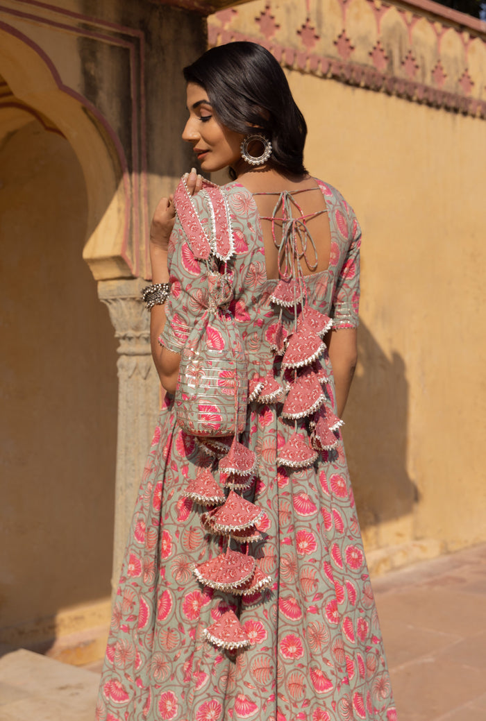 Sage Floral Vine Anarkali Set