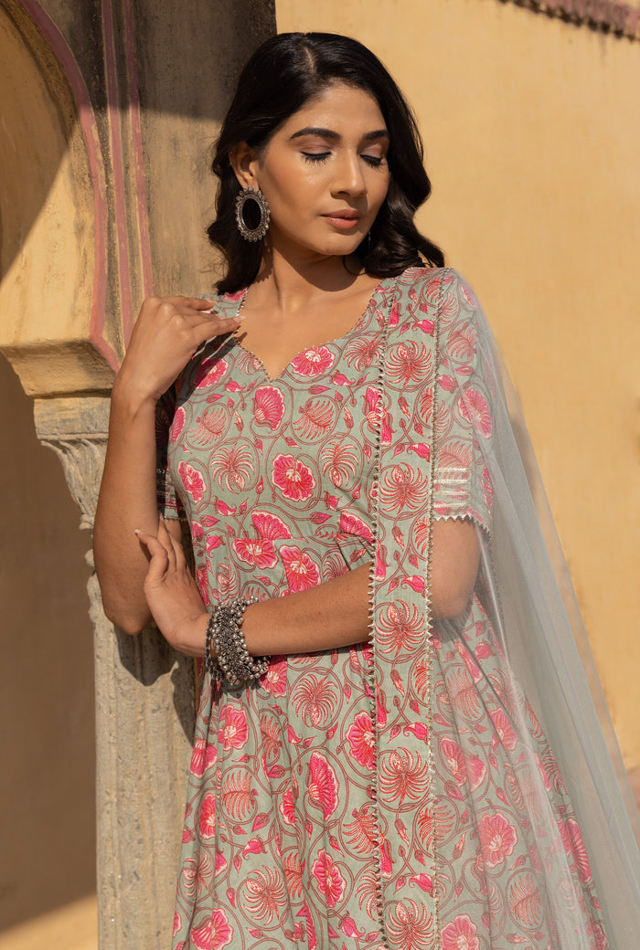 Sage Floral Vine Anarkali Set
