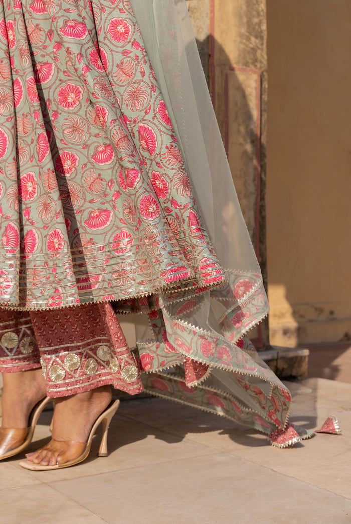 Sage Floral Vine Anarkali Set