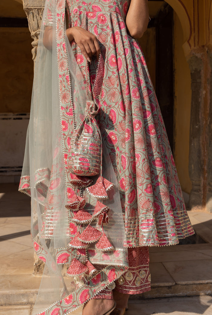 Sage Floral Vine Anarkali Set