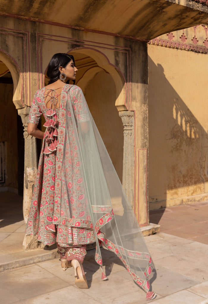Sage Floral Vine Anarkali Set
