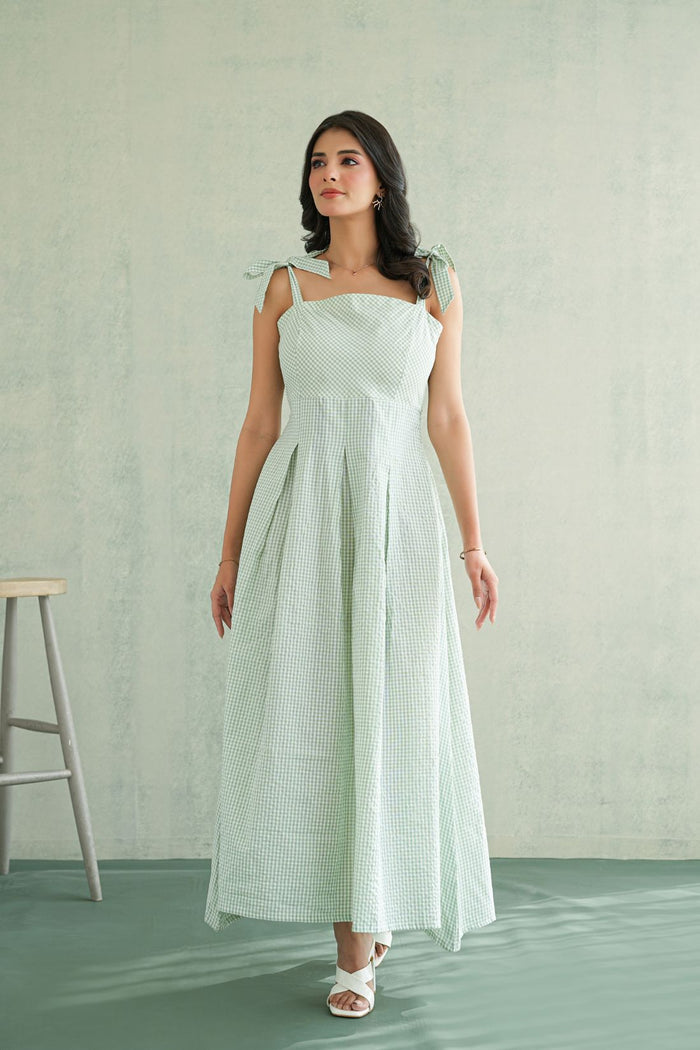 Sage Gingham Tie-Strap Gown
