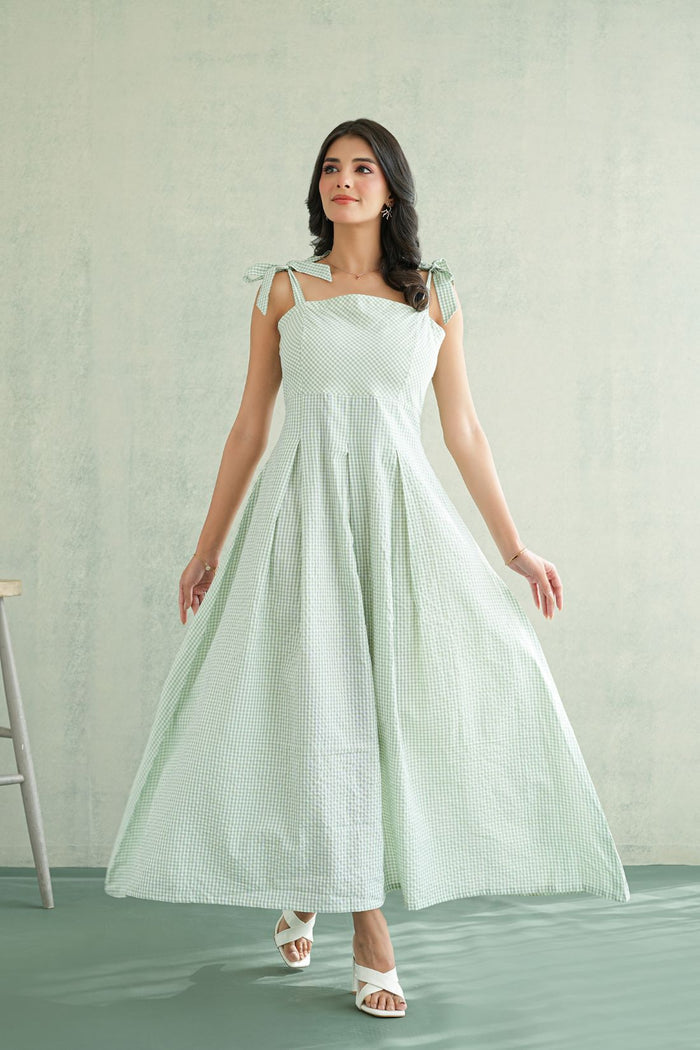 Sage Gingham Tie-Strap Gown