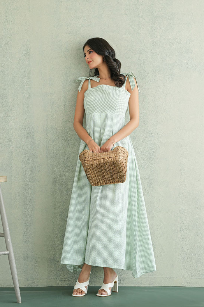 Sage Gingham Tie-Strap Gown