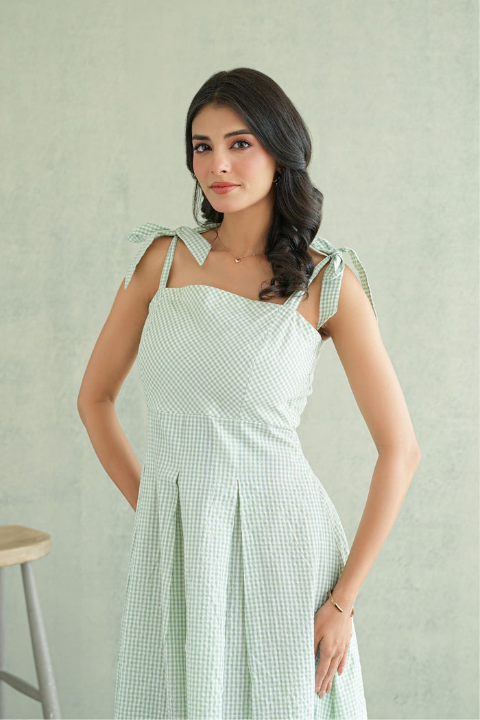 Sage Gingham Tie-Strap Gown