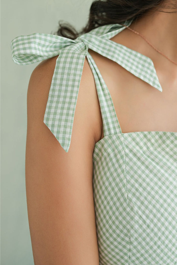 Sage Gingham Tie-Strap Gown