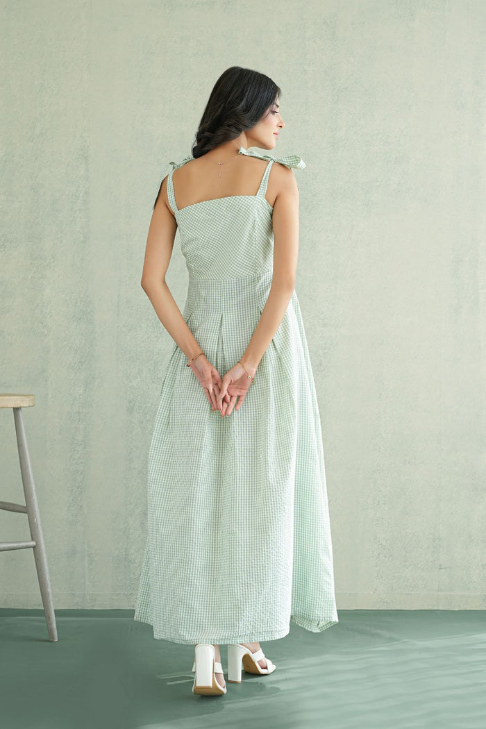 Sage Gingham Tie-Strap Gown