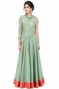 Sage Green Coral Bordered Draped Gown