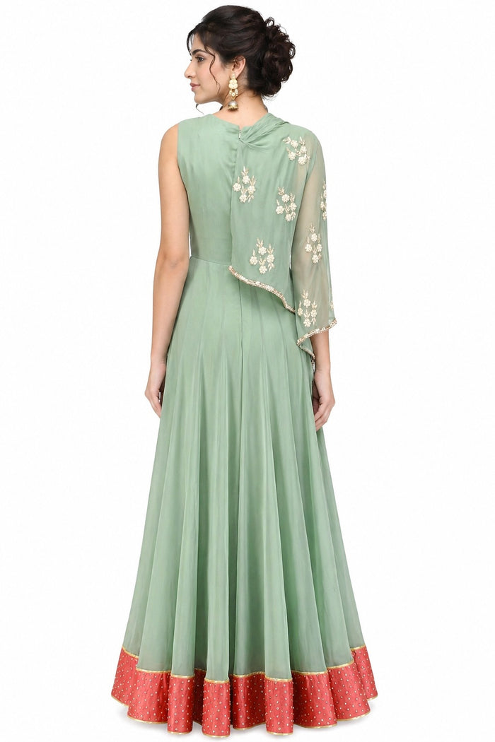 Sage Green Coral Bordered Draped Gown