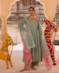 Sage Green Cotton Anarkali With Pink Floral Trim
