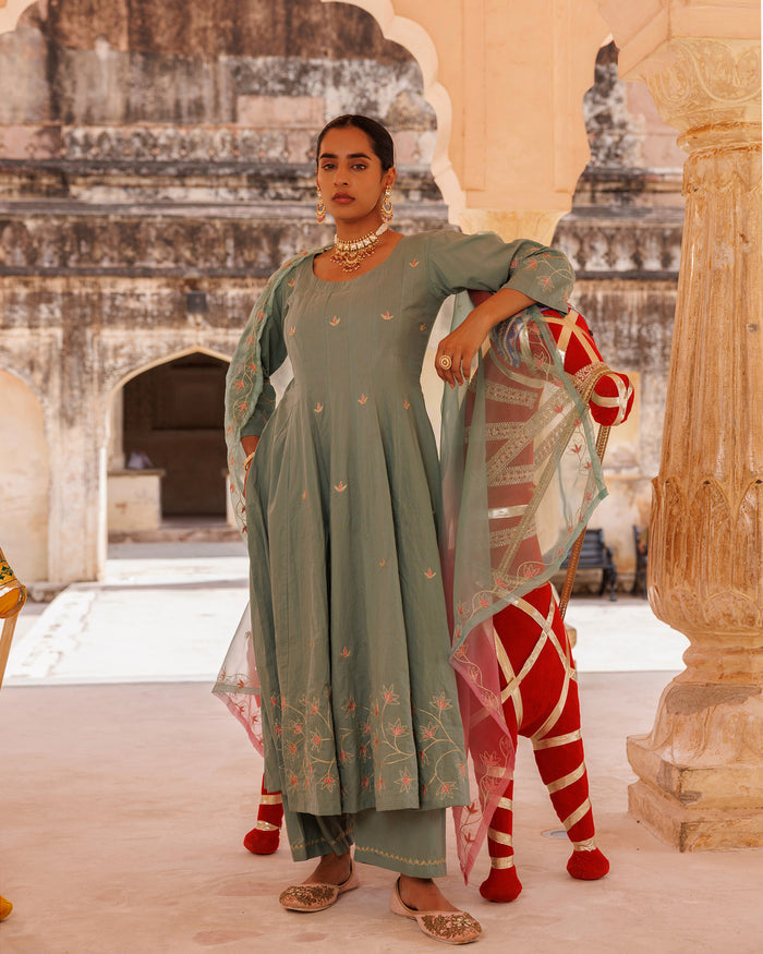 Sage Green Cotton Anarkali With Pink Floral Trim