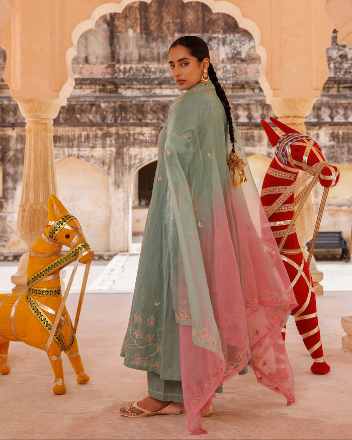 Sage Green Cotton Anarkali With Pink Floral Trim