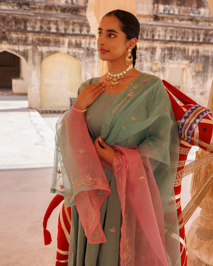 Sage Green Cotton Anarkali With Pink Floral Trim